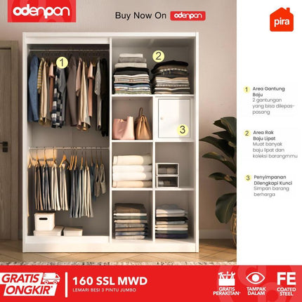 PIRA Lemari Pakaian / Baju 3 Pintu Besi Sliding Jumbo Pintu Swing & Sliding Minimalis Dengan Cermin 160 SSL MWD