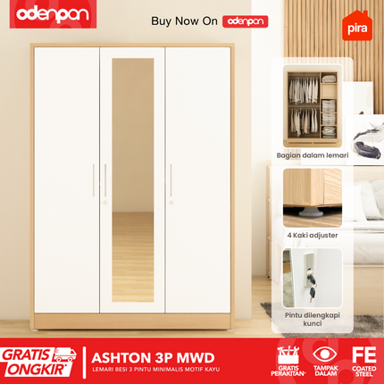 PIRA - ASHTON 3P Lemari Pakaian Baju 3 Pintu Besi Pintu Swing Motif Kayu