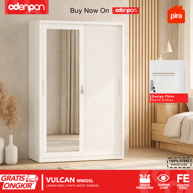 PIRA - VULCAN Lemari Pakaian / Baju 2 Pintu Besi Sliding Motif 3D Emboss Dengan Cermin