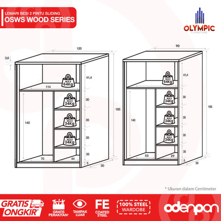 OLYMSTEEL - OSWS WOOD Lemari Pakaian Baju 2 Pintu Besi Sliding Motif Kayu