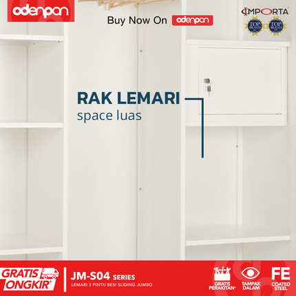 IMPORTA - JM Lemari Pakaian Baju 3 Pintu Besi Jumbo Dengan Cermin 160 cm
