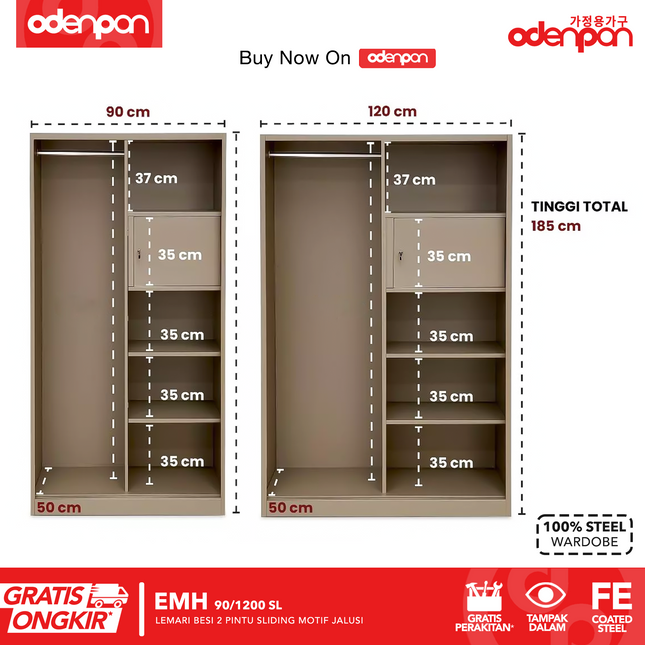 ODENPAN - EMH SL  Lemari Pakaian / Baju 2 Pintu Besi Sliding Dengan Cermin Motif Jalusi