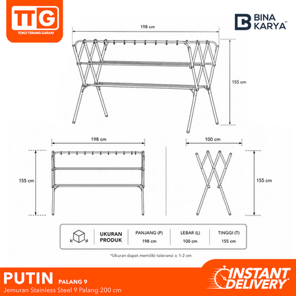 BINA KARYA - PUTIN Jemuran Stainless Steel Besi 9 Palang Jumbo Kokoh 200 cm