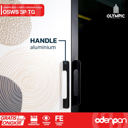 OLYMSTEEL - OSWS 3P TG Lemari Pakaian Baju 3 Pintu Kaca Tempered Glass Swing