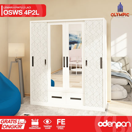 OLYMSTEEL - OSWS 4P2L Lemari Pakaian Baju 4 Pintu Besi 2 Laci