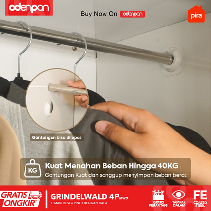 PIRA - GRINDELWALD 4P MWD Lemari Pakaian Baju 4 Pintu Besi Pintu Swing Dengan Kaca