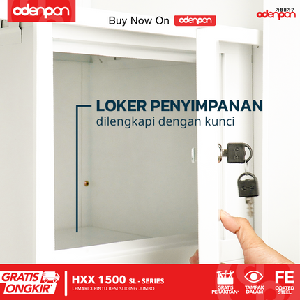 ODENPAN - HXX 1500 SL Lemari Pakaian / Baju 3 Pintu Besi Sliding Dengan Cermin Jumbo Minimalis