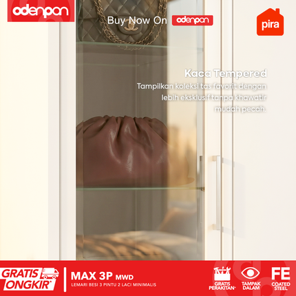 PIRA - MAX 3P Lemari Pakaian / Baju 3 Pintu Besi Swing Dengan Laci & Tempered Glass