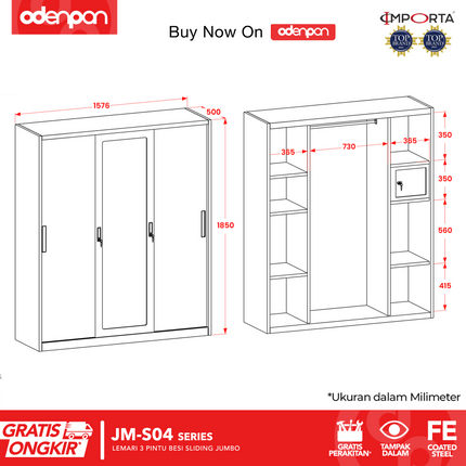 IMPORTA - JM Lemari Pakaian Baju 3 Pintu Besi Jumbo Dengan Cermin 160 cm