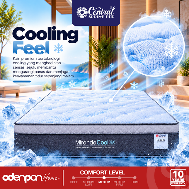 CENTRAL - MIRANDA COOL Kasur Pocket Spring Bed Plush Top Cooling Feel Dengan Sense Latex & Foam Encasement