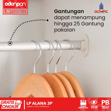 OLYMPIC - ALANA 3P Lemari Pakaian / Baju 3 Pintu Dengan Cermin
